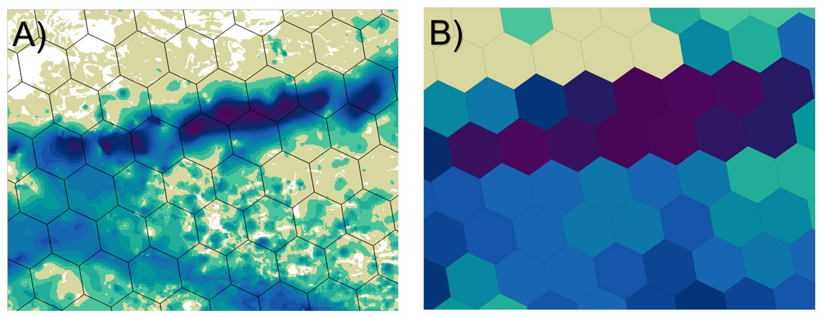 A) shows the SDTM Observation Driven Model overlain with the SDTM Open hexagonal grid. B) shows the SDTM Open ODM_MAX demonstrating how the generalisation of the ODM model in the SDTM Open dataset significantly reduces the spatial precision of the model making it unsuitable for anything other than assessing the national or regional trends in superficial thickness.