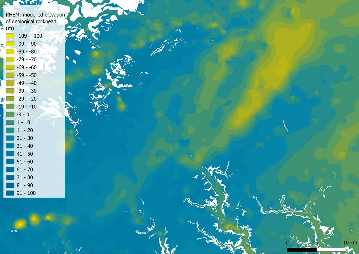 Map extract of the BGS SDTM Rockhead Elevation Model (RHEM) showing modelled rockhead elevation.
