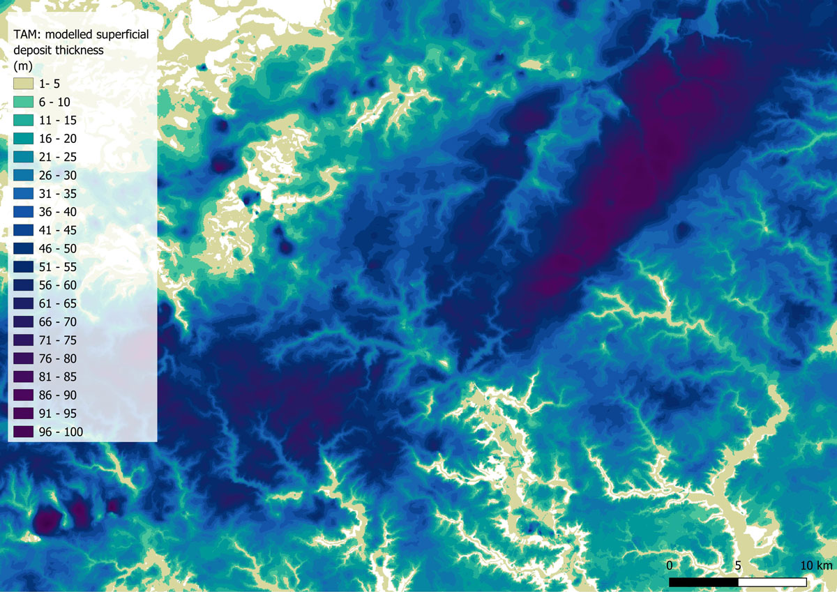 Map extract of the BGS SDTM Terrain Adjusted Model (TAM) showing modelled superficial deposit thickness.