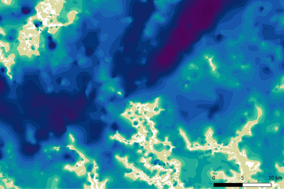 Map extract of the BGS SDTM Observation driven model (ODM) showing modelled superficial deposit thickness. BGS © UKRI.