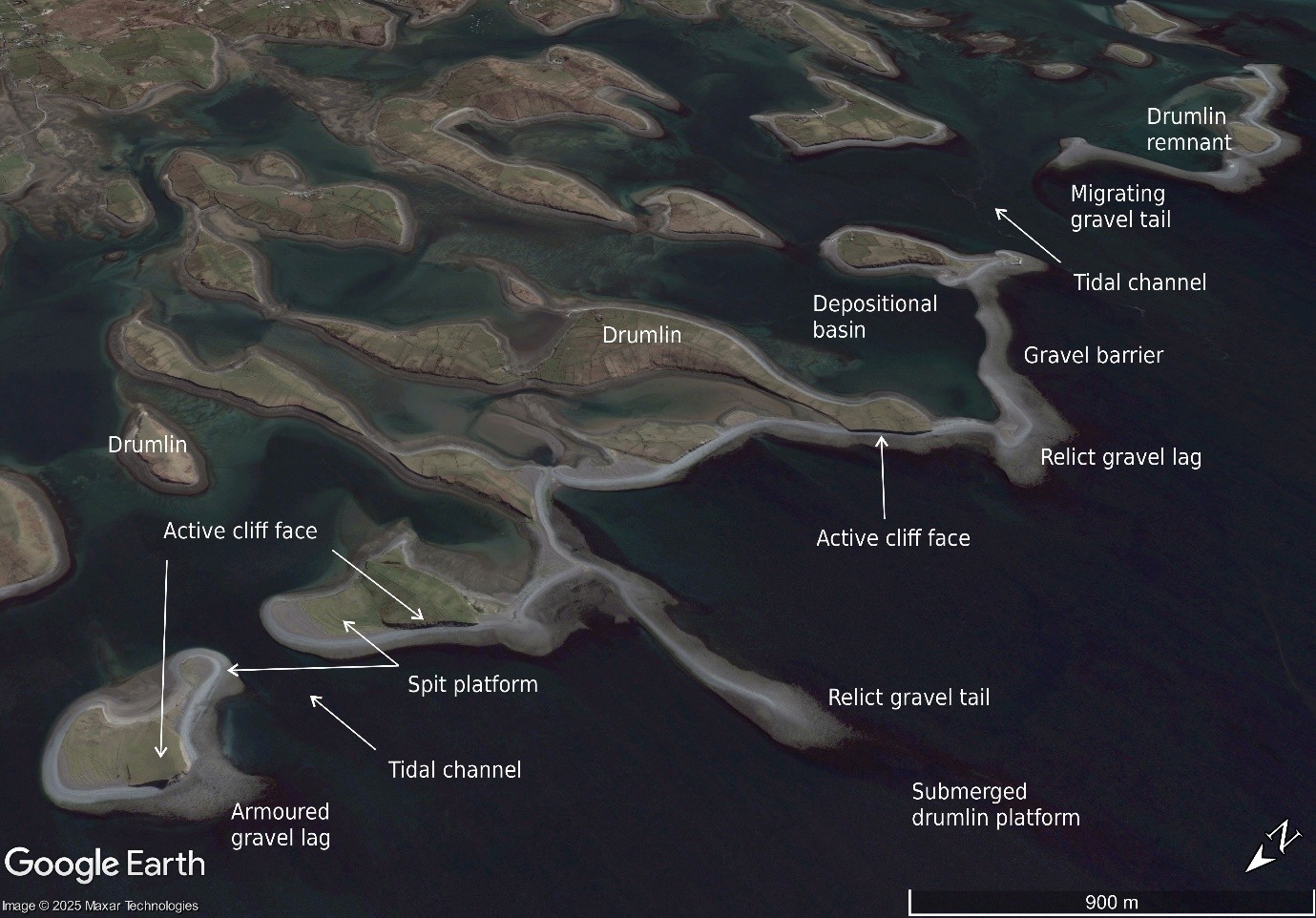 The actively retreating drumlin coast and archipelago in Clew Bay, Ireland. Drumlin sediments from multiple point sources are reworked by waves and longshore drift into prograding, cuspate spits, forming often gravel barriers that link drumlin islands. The progressive erosion of drumlin islands over time eventually leads to a flattened irregular platform with relict gravel tails or ridges. Maxar Technologies image dated 4/5/2007 courtesy of Google Earth.