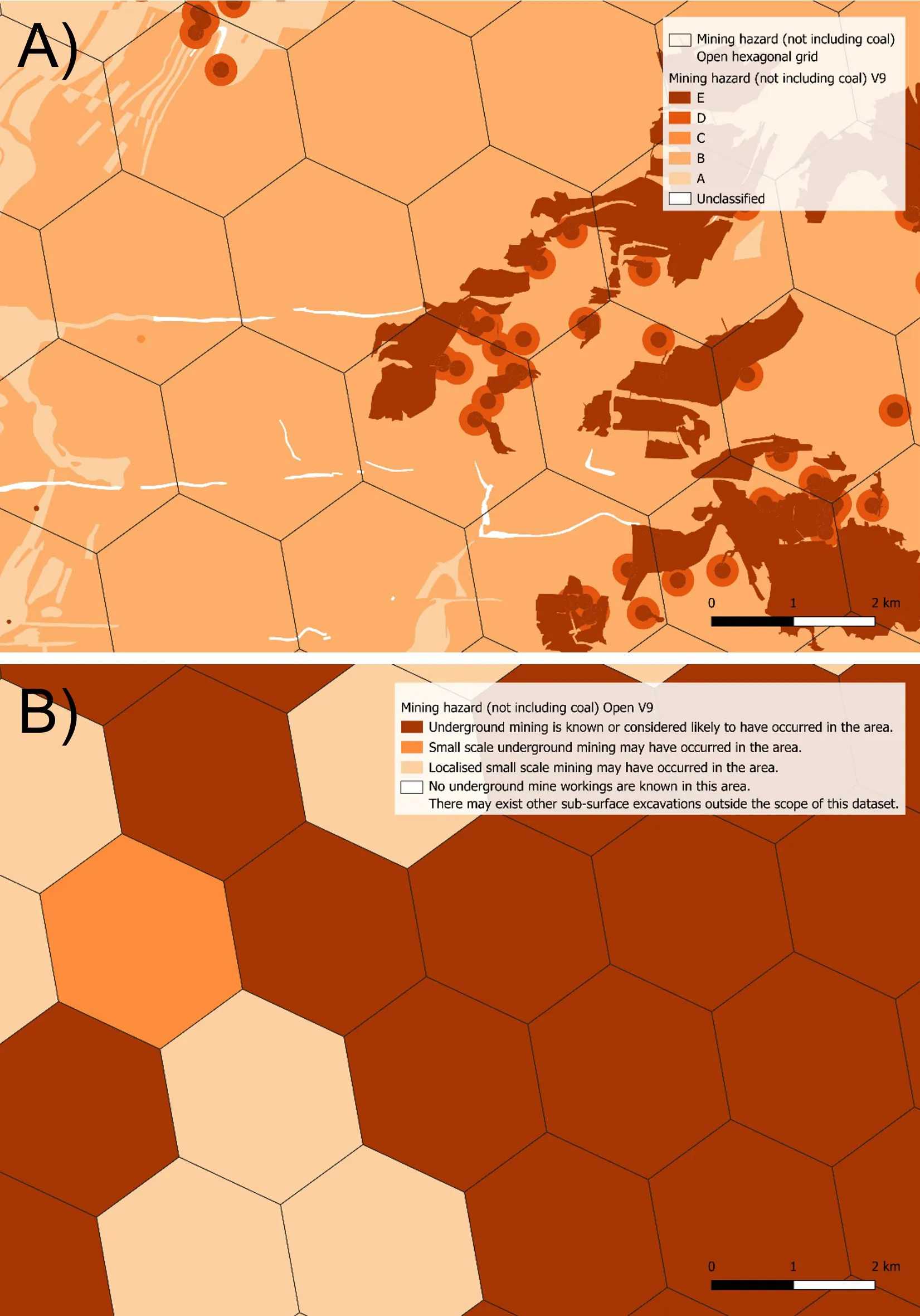 A) shows the Mining Hazard (not including coal) premium data overlain with the Mining Hazard (not including coal) Open hexagonal grid. B) shows the Mining Hazard (not including coal) Open demonstrating how the generalisation of the Mining Hazard (not including coal) premium data in the Open dataset significantly reduces the spatial precision of the dataset making it unsuitable for anything other than assessing the national or regional trends in mining hazard